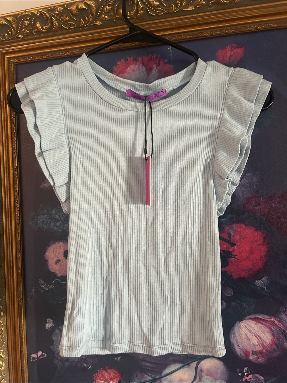 NWT Jac Parker Women’s Light Blue Ruffled Sleeve Ribbed Top